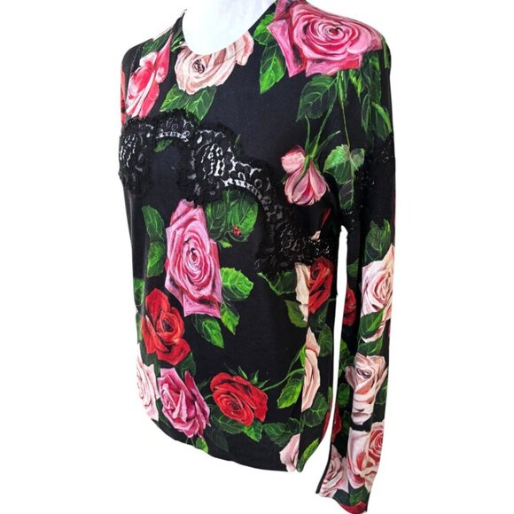 AUTHENTIC DOLCE & GABBANA SILK BLACK LACE ROSES KNIT TOP M/L $1,512 - Picture 2 of 9